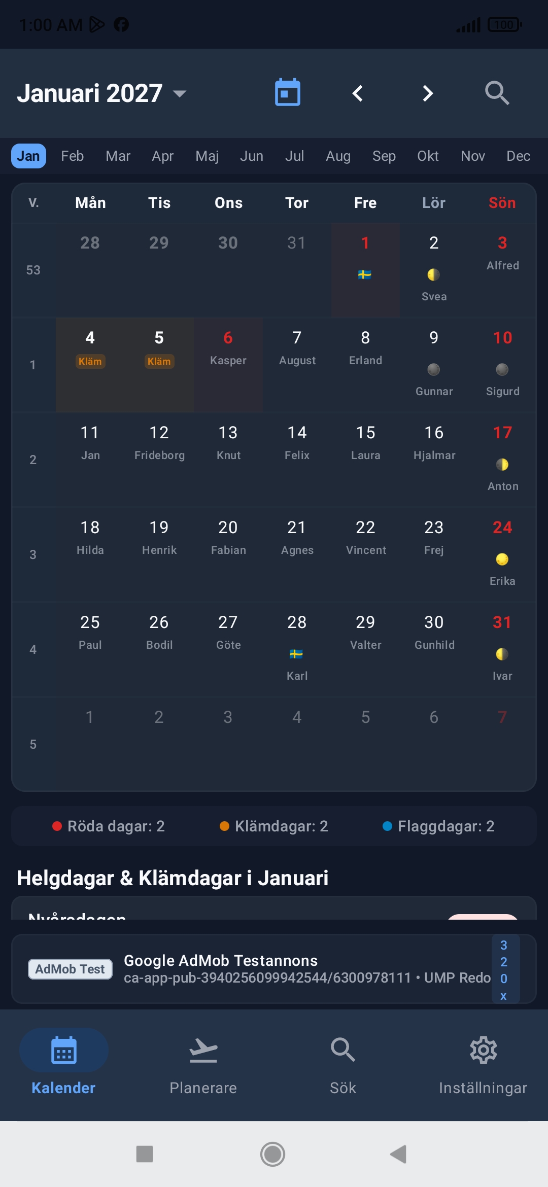 Kalender 2027 app – månadsvy med veckonummer och röda dagar